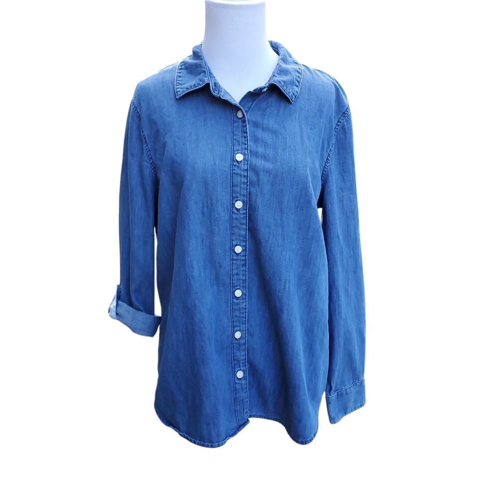 Draper James Blue Cotton Denim Chambray Button Down Top Roll Tab Sleeves Sz 12